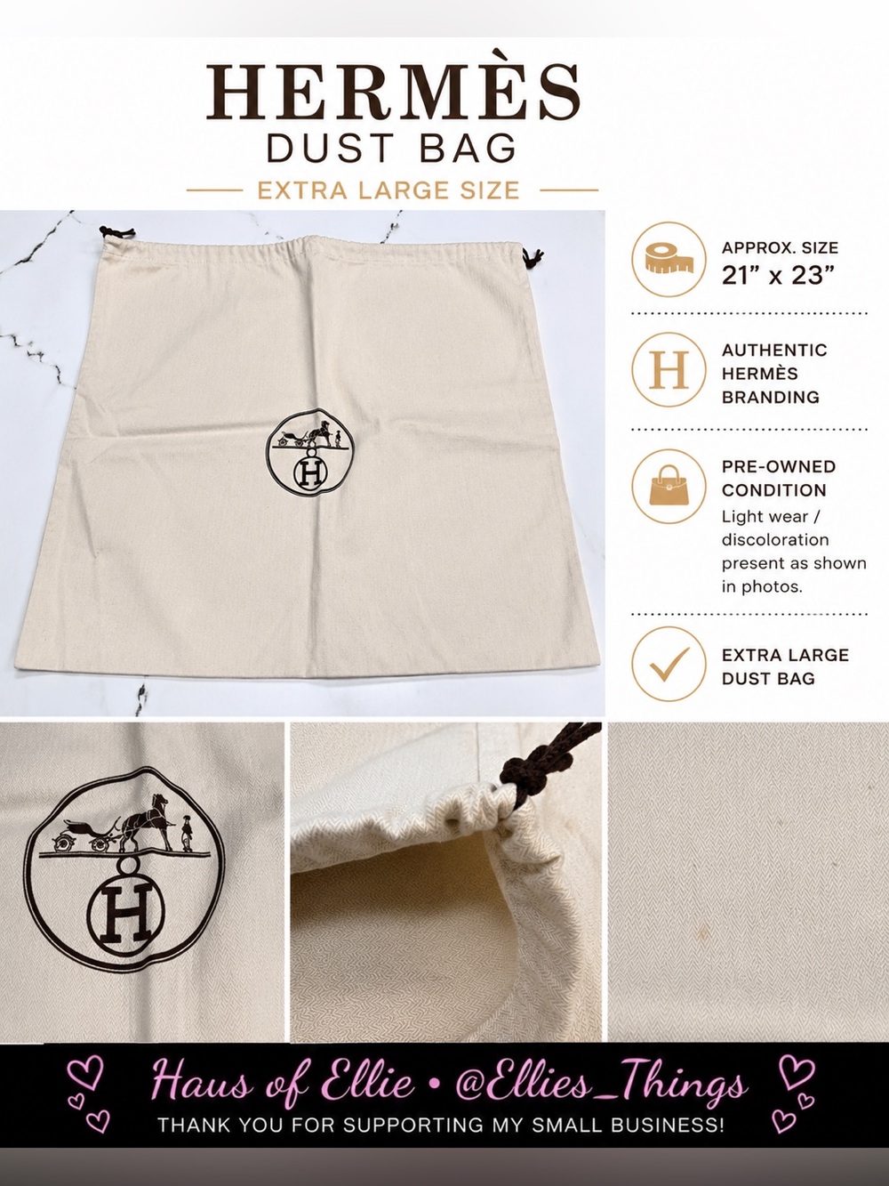 Hermes Extra Large Dust Bag 21x23 Authentic Canvas Drawstring Storage Bag